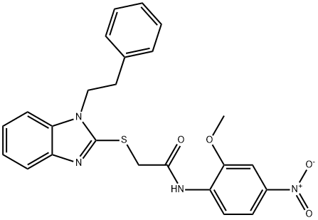 N-(2-methoxy-4-nitrophenyl)-2-[1-(2-phenylethyl)benzimidazol-2-yl]sulfanylacetamide 化学構造式