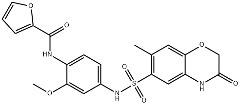N-[2-methoxy-4-[(7-methyl-3-oxo-4H-1,4-benzoxazin-6-yl)sulfonylamino]phenyl]furan-2-carboxamide 化学構造式