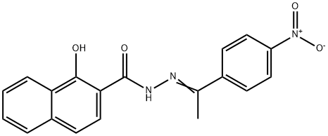 1-hydroxy-N-[(E)-1-(4-nitrophenyl)ethylideneamino]naphthalene-2-carboxamide 化学構造式