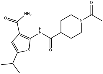 1-acetyl-N-(3-carbamoyl-5-propan-2-ylthiophen-2-yl)piperidine-4-carboxamide Struktur
