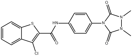 3-chloro-N-[4-(1,2-dimethyl-3,5-dioxo-1,2,4-triazolidin-4-yl)phenyl]-1-benzothiophene-2-carboxamide 化学構造式