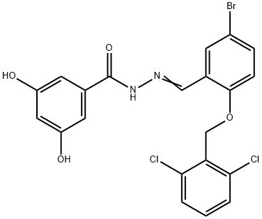 N-[(E)-[5-bromo-2-[(2,6-dichlorophenyl)methoxy]phenyl]methylideneamino]-3,5-dihydroxybenzamide Struktur