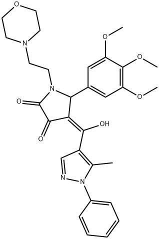 (E)-(5-methyl-1-phenylpyrazol-4-yl)-[1-(2-morpholin-4-ium-4-ylethyl)-4,5-dioxo-2-(3,4,5-trimethoxyphenyl)pyrrolidin-3-ylidene]methanolate Structure