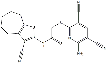 2-(6-amino-3,5-dicyanopyridin-2-yl)sulfanyl-N-(3-cyano-5,6,7,8-tetrahydro-4H-cyclohepta[b]thiophen-2-yl)acetamide,,结构式