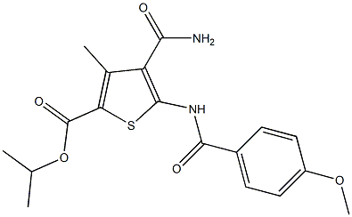 propan-2-yl 4-carbamoyl-5-[(4-methoxybenzoyl)amino]-3-methylthiophene-2-carboxylate 化学構造式