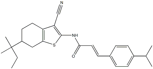 (E)-N-[3-cyano-6-(2-methylbutan-2-yl)-4,5,6,7-tetrahydro-1-benzothiophen-2-yl]-3-(4-propan-2-ylphenyl)prop-2-enamide Struktur