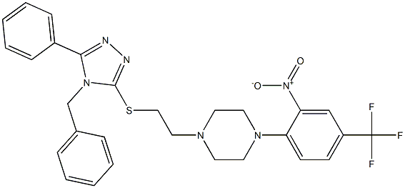 1-[2-[(4-benzyl-5-phenyl-1,2,4-triazol-3-yl)sulfanyl]ethyl]-4-[2-nitro-4-(trifluoromethyl)phenyl]piperazine Struktur