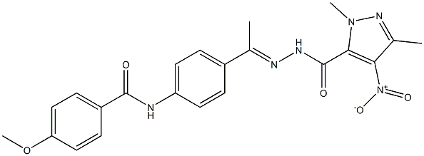 N-[(E)-1-[4-[(4-methoxybenzoyl)amino]phenyl]ethylideneamino]-2,5-dimethyl-4-nitropyrazole-3-carboxamide Struktur