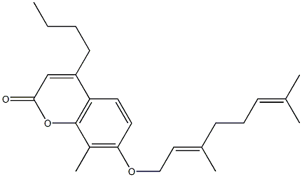 4-butyl-7-[(2E)-3,7-dimethylocta-2,6-dienoxy]-8-methylchromen-2-one 化学構造式