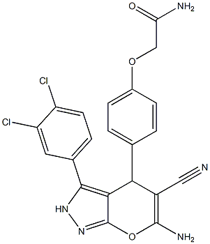2-[4-[6-amino-5-cyano-3-(3,4-dichlorophenyl)-2,4-dihydropyrano[2,3-c]pyrazol-4-yl]phenoxy]acetamide Struktur