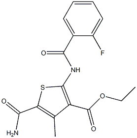 ethyl 5-carbamoyl-2-[(2-fluorobenzoyl)amino]-4-methylthiophene-3-carboxylate 化学構造式