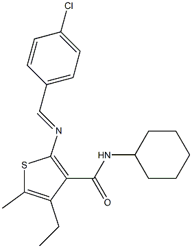 2-[(E)-(4-chlorophenyl)methylideneamino]-N-cyclohexyl-4-ethyl-5-methylthiophene-3-carboxamide 化学構造式
