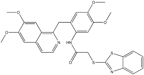 2-(1,3-benzothiazol-2-ylsulfanyl)-N-[2-[(6,7-dimethoxyisoquinolin-1-yl)methyl]-4,5-dimethoxyphenyl]acetamide,,结构式