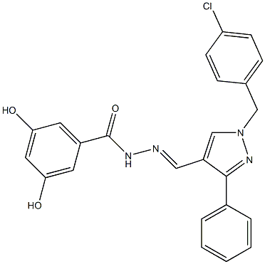 N-[(E)-[1-[(4-chlorophenyl)methyl]-3-phenylpyrazol-4-yl]methylideneamino]-3,5-dihydroxybenzamide Structure