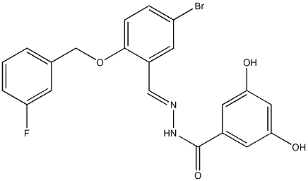 N-[(E)-[5-bromo-2-[(3-fluorophenyl)methoxy]phenyl]methylideneamino]-3,5-dihydroxybenzamide Struktur