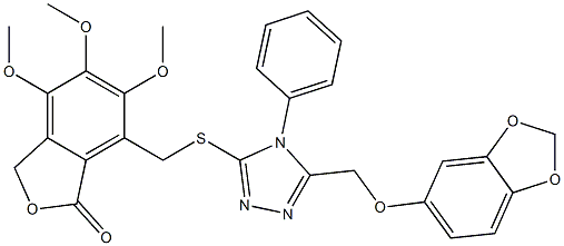 7-[[5-(1,3-benzodioxol-5-yloxymethyl)-4-phenyl-1,2,4-triazol-3-yl]sulfanylmethyl]-4,5,6-trimethoxy-3H-2-benzofuran-1-one Struktur