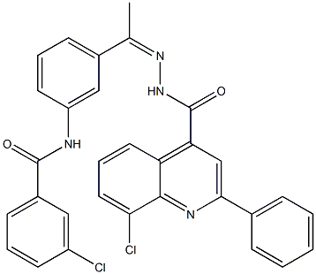 8-chloro-N-[(Z)-1-[3-[(3-chlorobenzoyl)amino]phenyl]ethylideneamino]-2-phenylquinoline-4-carboxamide,,结构式