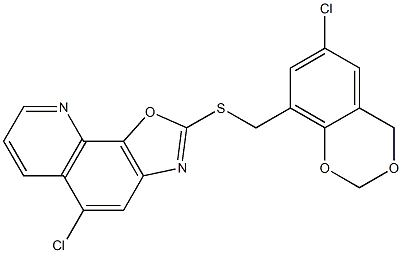 5-chloro-2-[(6-chloro-4H-1,3-benzodioxin-8-yl)methylsulfanyl]-[1,3]oxazolo[4,5-h]quinoline 化学構造式