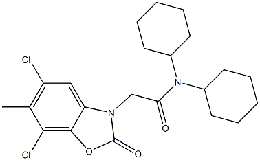 N,N-dicyclohexyl-2-(5,7-dichloro-6-methyl-2-oxo-1,3-benzoxazol-3-yl)acetamide Struktur