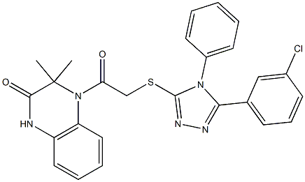 4-[2-[[5-(3-chlorophenyl)-4-phenyl-1,2,4-triazol-3-yl]sulfanyl]acetyl]-3,3-dimethyl-1H-quinoxalin-2-one 化学構造式