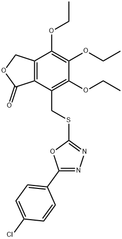 7-[[5-(4-chlorophenyl)-1,3,4-oxadiazol-2-yl]sulfanylmethyl]-4,5,6-triethoxy-3H-2-benzofuran-1-one 化学構造式