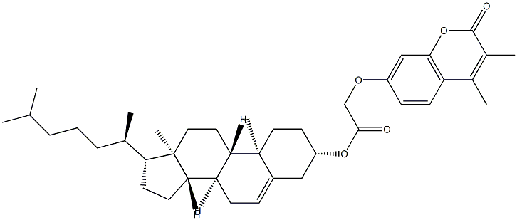 [(3S,8S,9S,10R,13R,14S,17R)-10,13-dimethyl-17-[(2R)-6-methylheptan-2-yl]-2,3,4,7,8,9,11,12,14,15,16,17-dodecahydro-1H-cyclopenta[a]phenanthren-3-yl] 2-(3,4-dimethyl-2-oxochromen-7-yl)oxyacetate 化学構造式