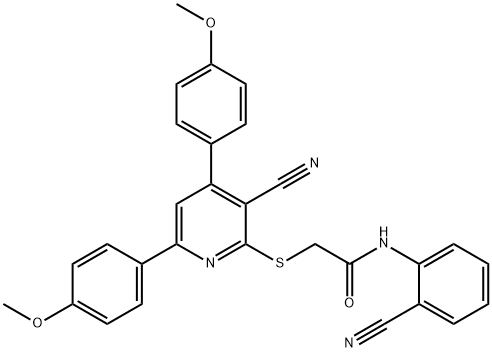 2-[3-cyano-4,6-bis(4-methoxyphenyl)pyridin-2-yl]sulfanyl-N-(2-cyanophenyl)acetamide 化学構造式