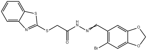 2-(1,3-benzothiazol-2-ylsulfanyl)-N-[(E)-(6-bromo-1,3-benzodioxol-5-yl)methylideneamino]acetamide,344938-01-8,结构式