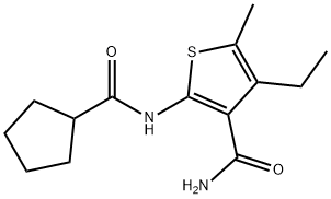 2-(cyclopentanecarbonylamino)-4-ethyl-5-methylthiophene-3-carboxamide Struktur