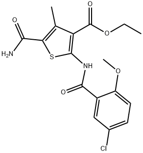 ethyl 5-carbamoyl-2-[(5-chloro-2-methoxybenzoyl)amino]-4-methylthiophene-3-carboxylate 化学構造式