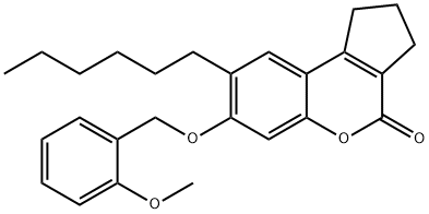 8-hexyl-7-[(2-methoxyphenyl)methoxy]-2,3-dihydro-1H-cyclopenta[c]chromen-4-one Struktur