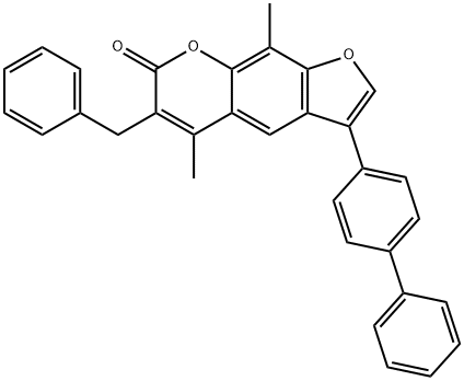 6-benzyl-5,9-dimethyl-3-(4-phenylphenyl)furo[3,2-g]chromen-7-one Struktur