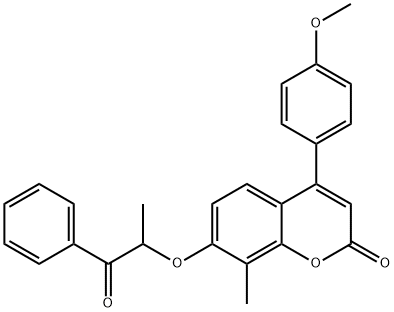 4-(4-methoxyphenyl)-8-methyl-7-(1-oxo-1-phenylpropan-2-yl)oxychromen-2-one Struktur