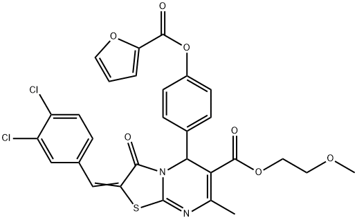 2-methoxyethyl (2E)-2-[(3,4-dichlorophenyl)methylidene]-5-[4-(furan-2-carbonyloxy)phenyl]-7-methyl-3-oxo-5H-[1,3]thiazolo[3,2-a]pyrimidine-6-carboxylate 结构式