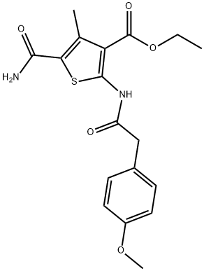 ethyl 5-carbamoyl-2-[[2-(4-methoxyphenyl)acetyl]amino]-4-methylthiophene-3-carboxylate Struktur