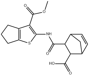 2-[(3-methoxycarbonyl-5,6-dihydro-4H-cyclopenta[b]thiophen-2-yl)carbamoyl]bicyclo[2.2.1]hept-5-ene-3-carboxylic acid 化学構造式