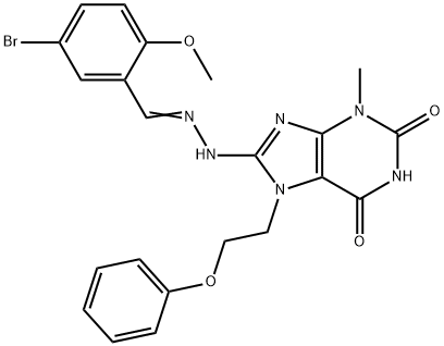 8-[(2E)-2-[(5-bromo-2-methoxyphenyl)methylidene]hydrazinyl]-3-methyl-7-(2-phenoxyethyl)purine-2,6-dione Structure