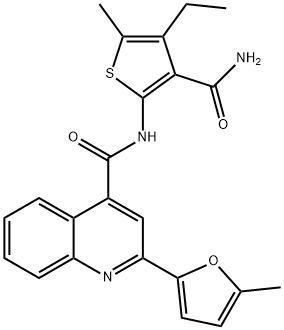 N-(3-carbamoyl-4-ethyl-5-methylthiophen-2-yl)-2-(5-methylfuran-2-yl)quinoline-4-carboxamide,550350-77-1,结构式