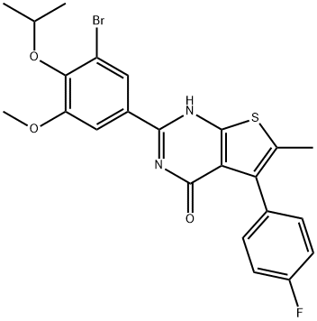 2-(3-bromo-5-methoxy-4-propan-2-yloxyphenyl)-5-(4-fluorophenyl)-6-methyl-3H-thieno[2,3-d]pyrimidin-4-one Struktur