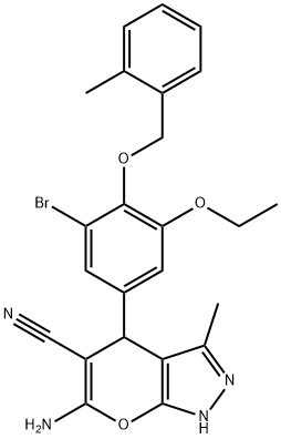6-amino-4-[3-bromo-5-ethoxy-4-[(2-methylphenyl)methoxy]phenyl]-3-methyl-2,4-dihydropyrano[2,3-c]pyrazole-5-carbonitrile,667405-04-1,结构式