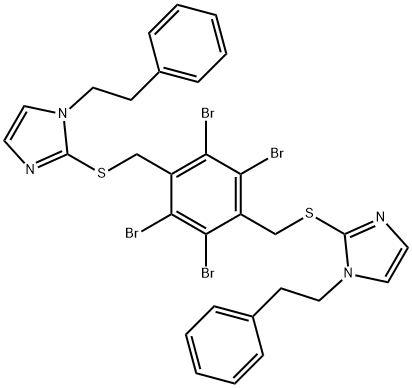 1-(2-phenylethyl)-2-[[2,3,5,6-tetrabromo-4-[[1-(2-phenylethyl)imidazol-2-yl]sulfanylmethyl]phenyl]methylsulfanyl]imidazole Struktur