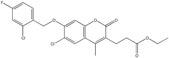 ethyl 3-[6-chloro-7-[(2-chloro-4-fluorophenyl)methoxy]-4-methyl-2-oxochromen-3-yl]propanoate 化学構造式