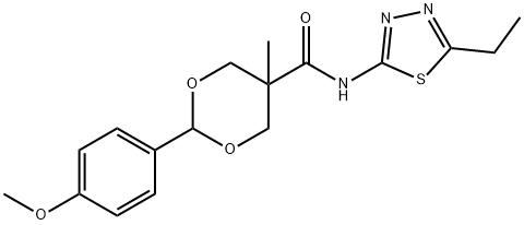 N-(5-ethyl-1,3,4-thiadiazol-2-yl)-2-(4-methoxyphenyl)-5-methyl-1,3-dioxane-5-carboxamide 化学構造式