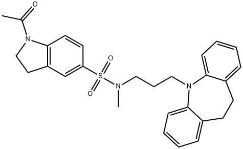 1-acetyl-N-[3-(5,6-dihydrobenzo[b][1]benzazepin-11-yl)propyl]-N-methyl-2,3-dihydroindole-5-sulfonamide 化学構造式