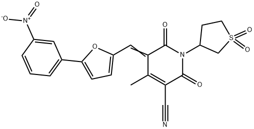 (5Z)-4-methyl-5-[[5-(3-nitrophenyl)furan-2-yl]methylidene]-1-(1-oxido-1-oxo-2,3,4,5-tetrahydrothiophen-3-yl)-2,6-dioxopyridine-3-carbonitrile 结构式