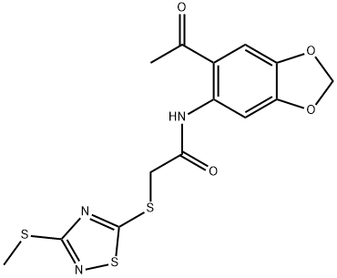 N-(6-acetyl-1,3-benzodioxol-5-yl)-2-[(3-methylsulfanyl-1,2,4-thiadiazol-5-yl)sulfanyl]acetamide 化学構造式