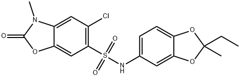5-chloro-N-(2-ethyl-2-methyl-1,3-benzodioxol-5-yl)-3-methyl-2-oxo-1,3-benzoxazole-6-sulfonamide 化学構造式