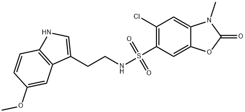 5-chloro-N-[2-(5-methoxy-1H-indol-3-yl)ethyl]-3-methyl-2-oxo-1,3-benzoxazole-6-sulfonamide 结构式