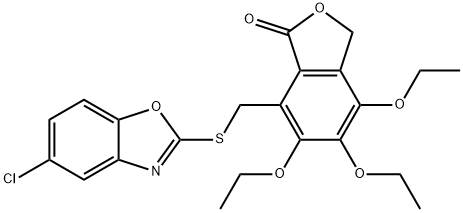 7-[(5-chloro-1,3-benzoxazol-2-yl)sulfanylmethyl]-4,5,6-triethoxy-3H-2-benzofuran-1-one Struktur