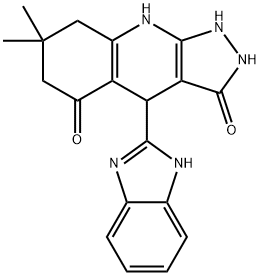 4-(1H-benzimidazol-2-yl)-7,7-dimethyl-1,2,4,6,8,9-hexahydropyrazolo[3,4-b]quinoline-3,5-dione Struktur